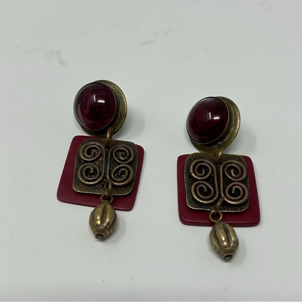 Boho Red Swirl Stud Dangle Earrings with Bronze Swirl Knotted Design Unique